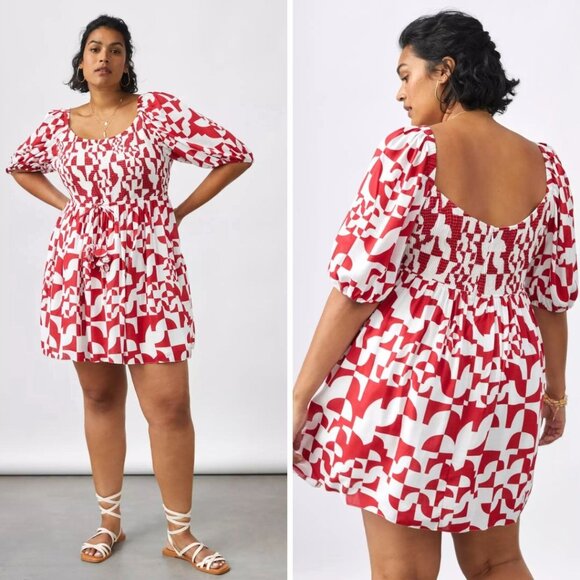 Geisha Designs Anthropologie Smocked Geo Mini Dress Red White Womens Size 1X - Picture 1 of 7